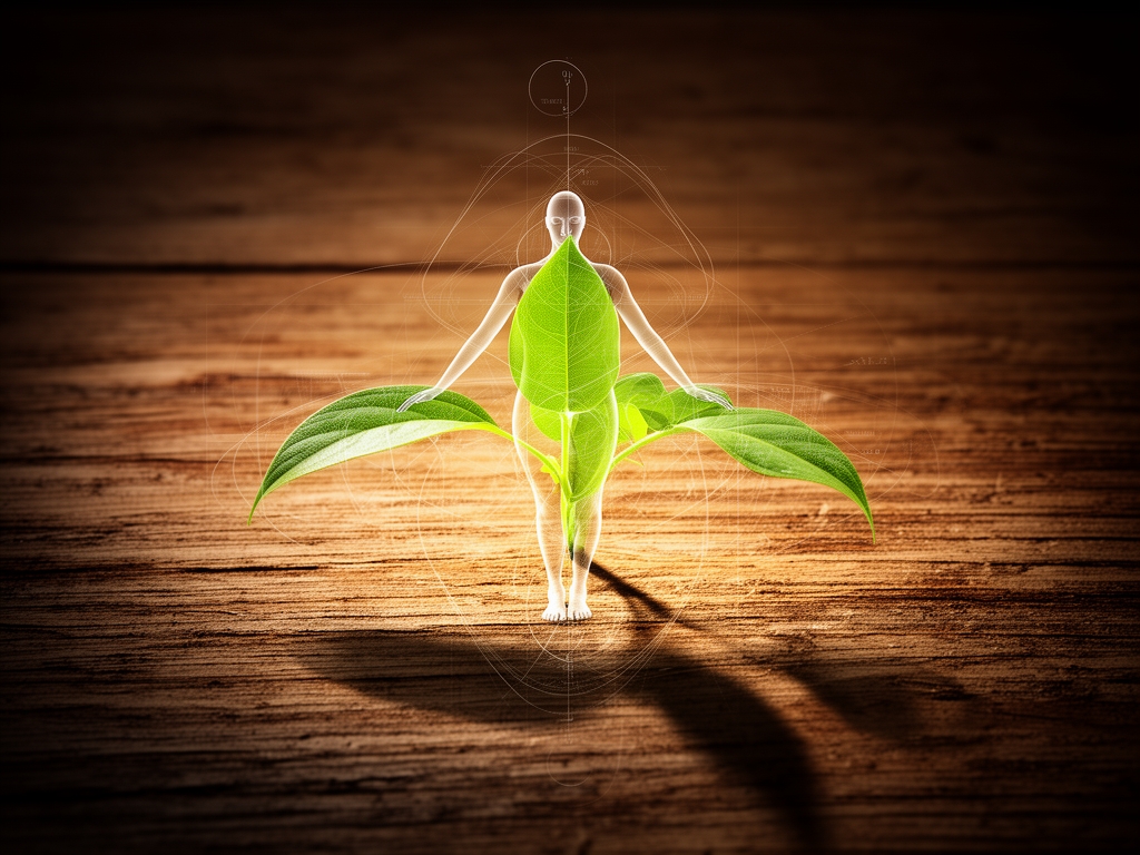 Representación abstracta del equilibrio corporal con elementos naturales y diagramas sutiles, luz cálida y sombras profundas sobre textura de madera