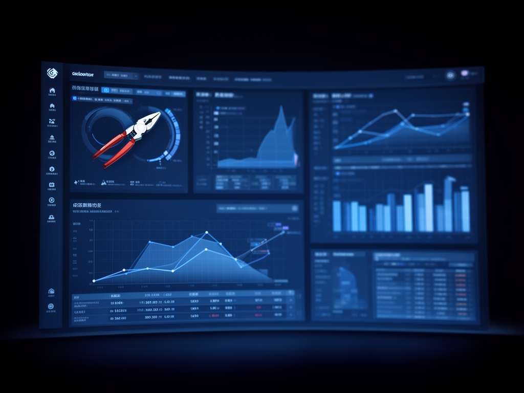 Representación abstracta cinematográfica de herramientas de análisis de datos en una interfaz de usuario limpia, con pantallas iluminadas y luz azulada sobre fondo oscuro
