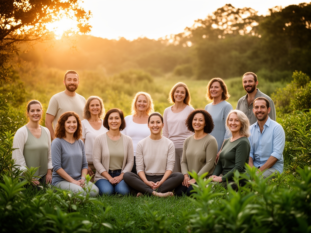 Grupo de personas en un entorno natural tranquilo y luminoso, simbolizando la búsqueda colectiva de conocimiento sobre bienestar, con luz cálida de atardecer y vegetación